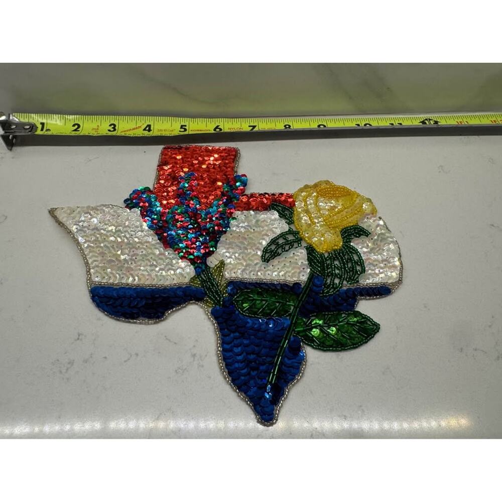 Vintage New Texas Yellow Rose Paintbrush Wildflower Sequin Beaded Patch Appliqué